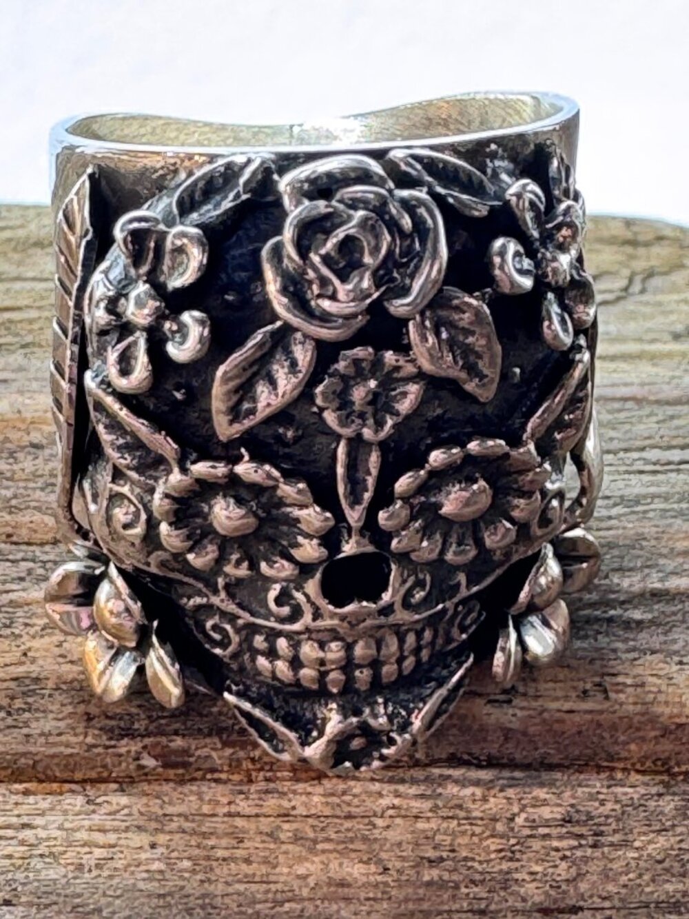 Sterling Silver 925 Sugar Skull Floral Wide Band Ring Size 9.5 JJ 19.83g - Picture 2 of 14